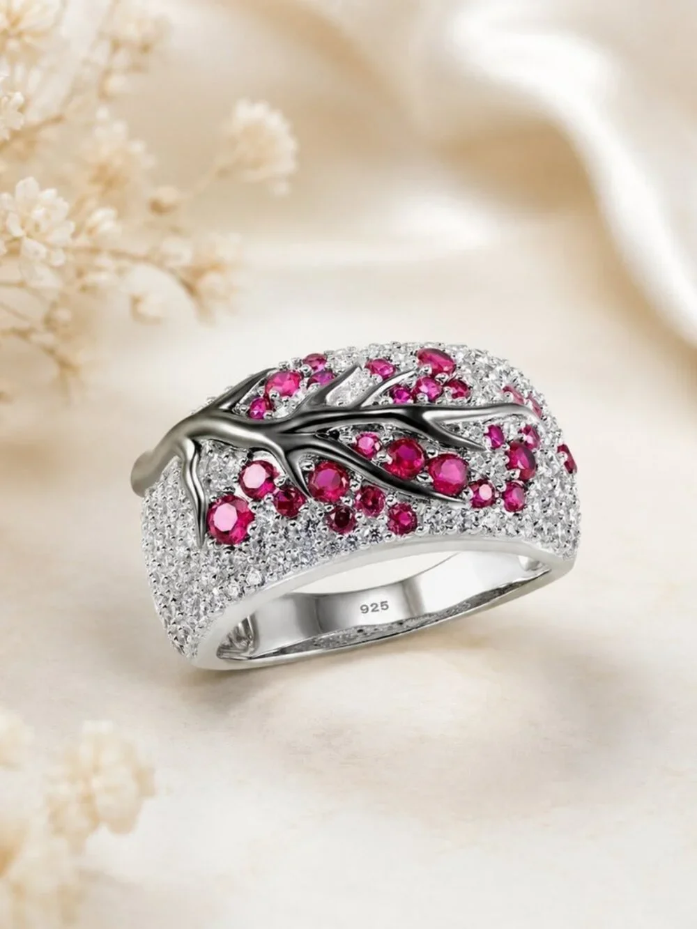 Pink Crystal Vine Branch Statement Ring Silver Tone Micro Pave Glam SZ 9 NWT